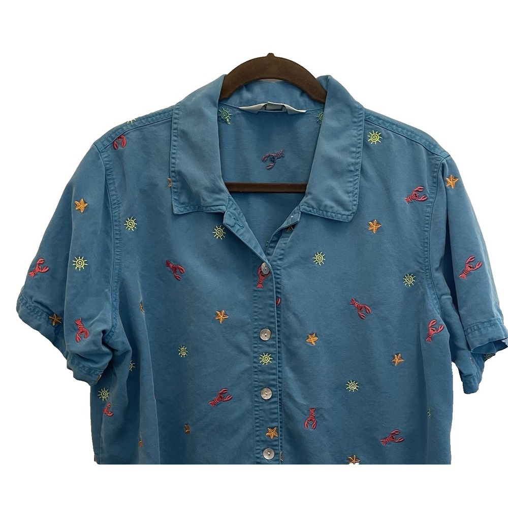 Amy K Su Embroidered Button Up Shirt Lobster Starfish Turquoise Blue Womens XL